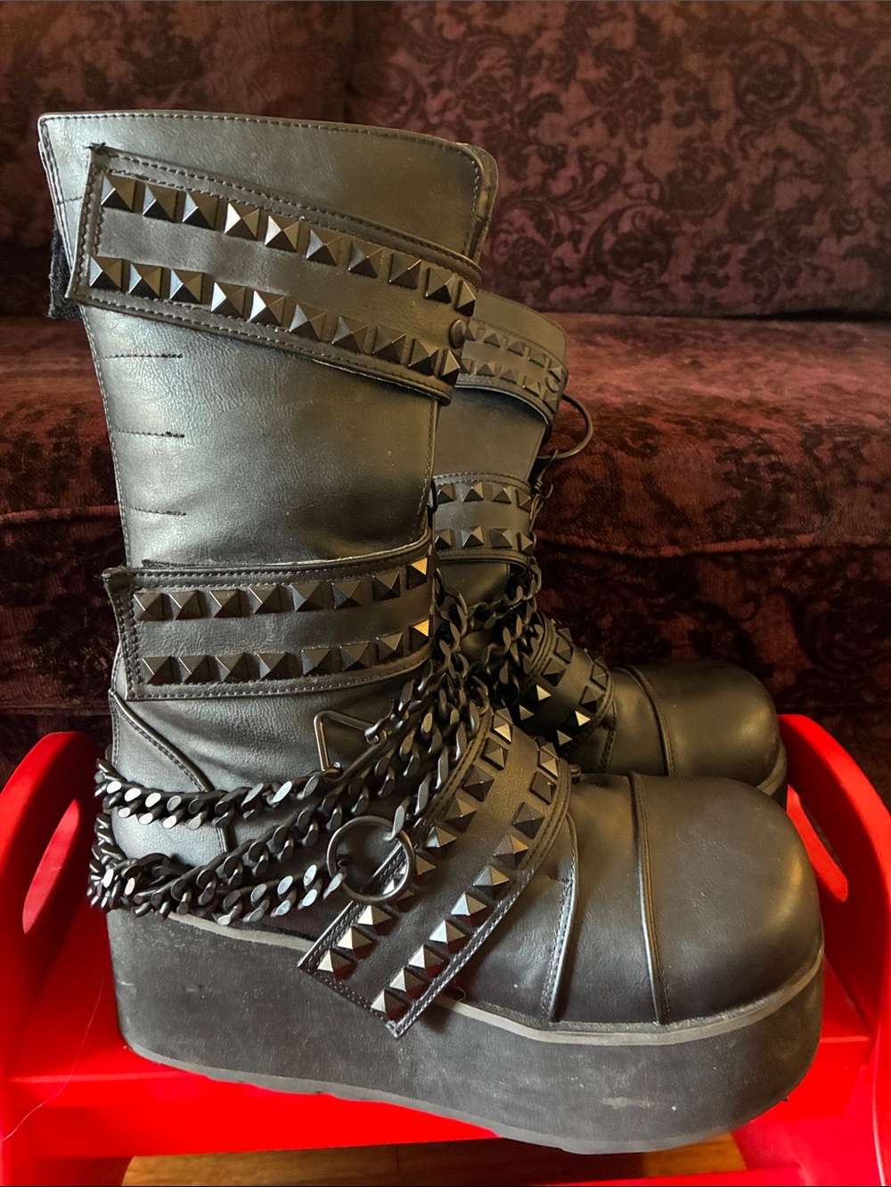Demonia Black Studded Chains Platform Combat Boots - Womens 11 mens 9